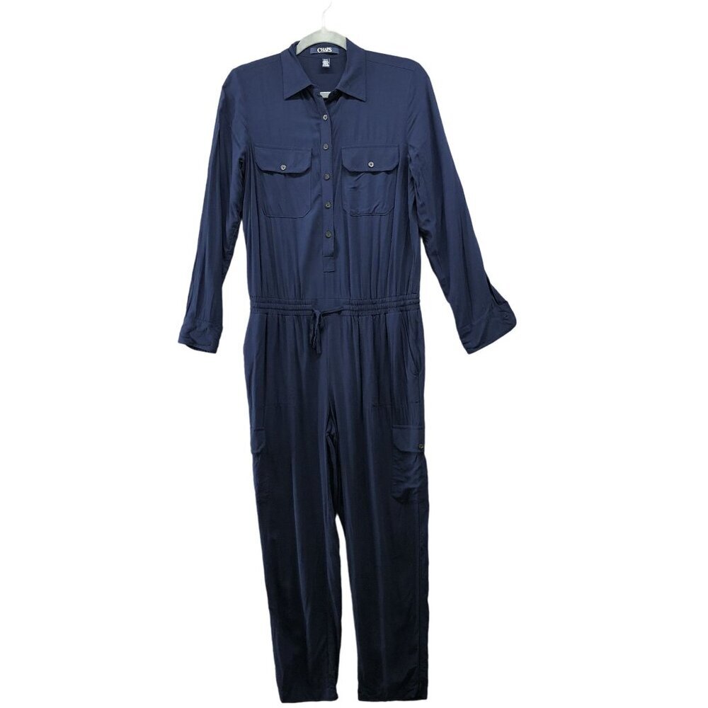 CHAPS Long Sleeve Jumpsuit‎ Womens S Blue Utility Relaxed Rayon Drawstring